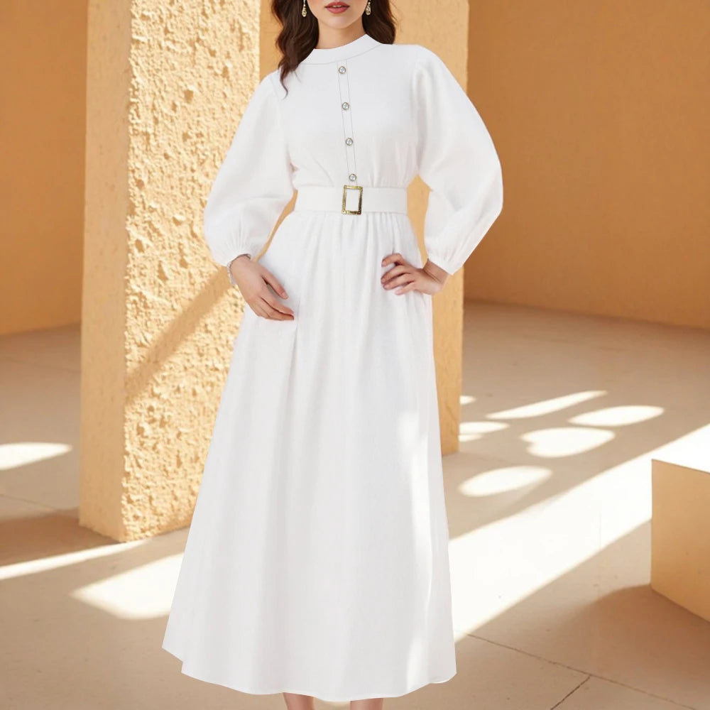 Rafiah Summer Dress 2025 Women's Decent Plain Long Sleeve Crew Neck High Waist A-Line Office Lady Long Arabian Dress