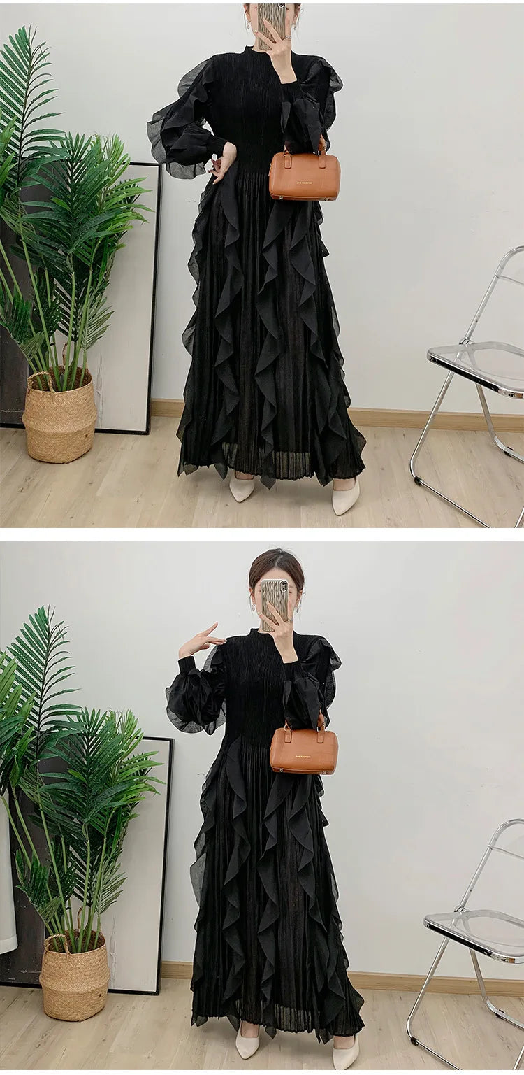 Fashion Ruffles Pleated Dress Women Round Neck Flare Sleeves Solid Maxi Belt Dresses Party 2025 Autumn New