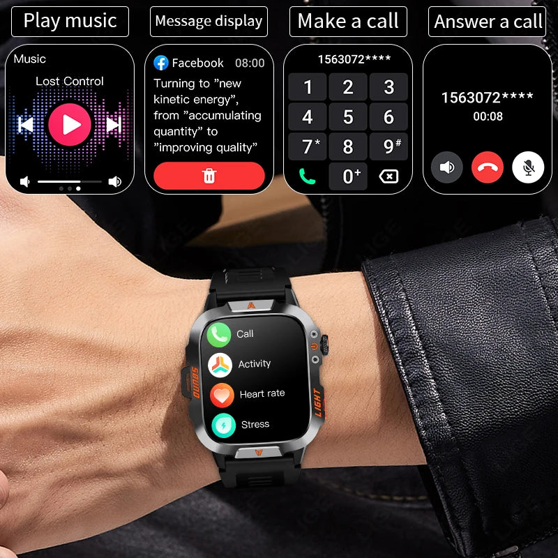 LIGE Military Smart Watch Men 1.96" Screen 3ATM Waterproof Bracelet Bluetooth Call AI Voice Sport Smartwatch With LED Flashlight