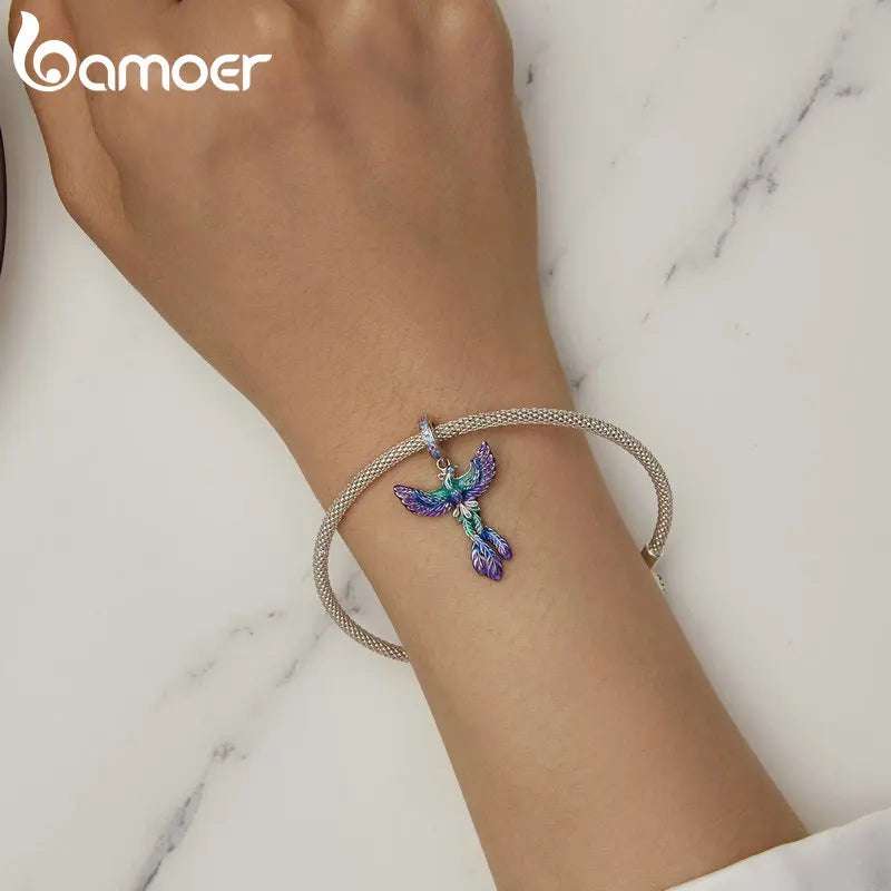 Bamoer  925 Sterling Silver Phoenix Pendant Dragon Charms Enamel Process Plated Platinuma Fit Women DIY Bracelet Fine Jewelry