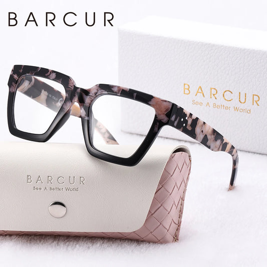 BARCUR Women Large Frame Pink Reading Glasses PC Square Thick Frame Reading Multiple Degree Optional Men Glasses White Gift Box