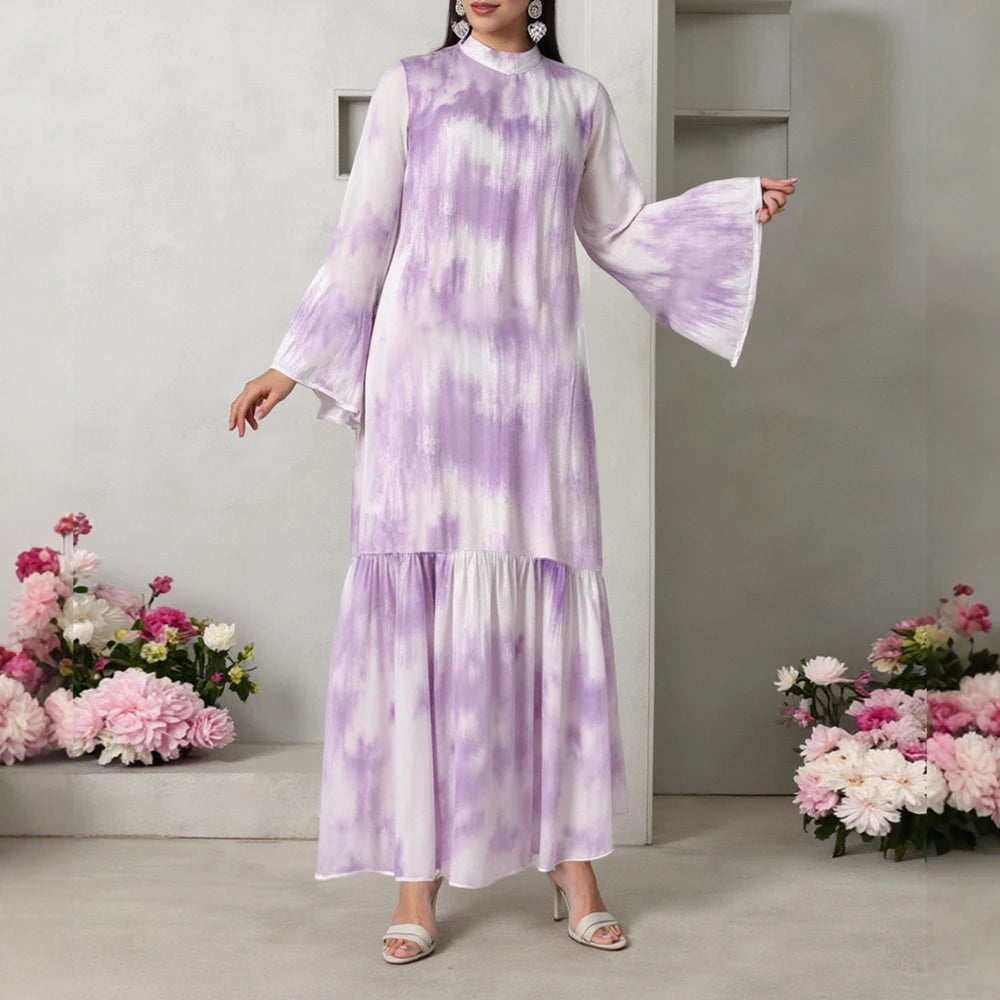 Rafiah Autumn Women's Arabian Dress 2025 Elegant Basics Contrast Color Long Sleeve Round-Neck Ruffle Hem Long Dress