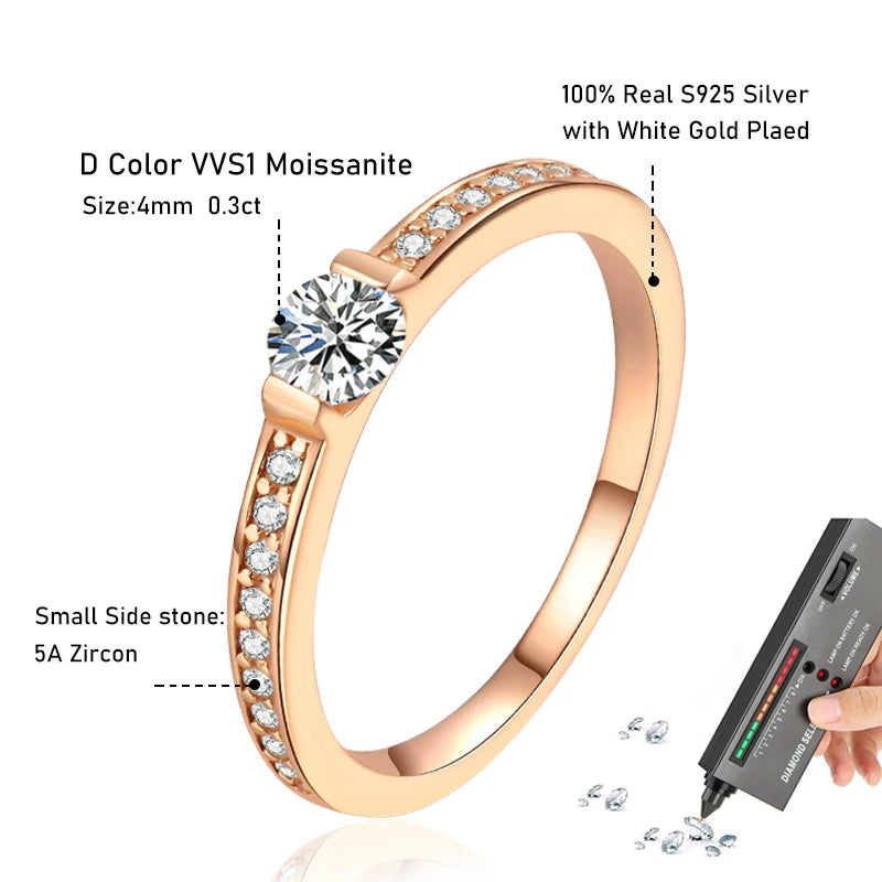 Tezzc 0.3ct D Color Moissanite Eternity Ring 925 Sterling Silver Women Ring Champagne color Commitment Wedding Jewelry With GRA