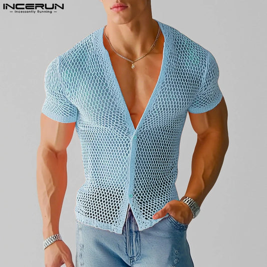 INCERUN 2025 Men Shirt Hollow Out Transparent Solid Mesh V Neck Short Sleeve Sexy Men Clothing Summer Streetwear Unisex Shirts