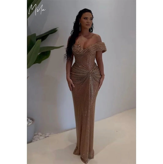 Mila Off Shoulder Wedding Party Dress Customized Short Sleeve Floor-Length Evening Dresses Mermaid Diamond vestidos de fiesta