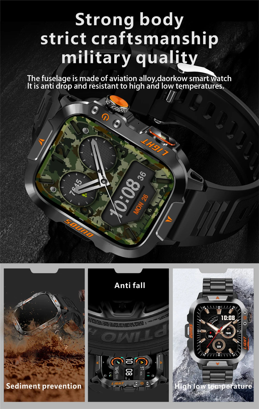 LIGE Military Smart Watch Men 1.96" Screen 3ATM Waterproof Bracelet Bluetooth Call AI Voice Sport Smartwatch With LED Flashlight