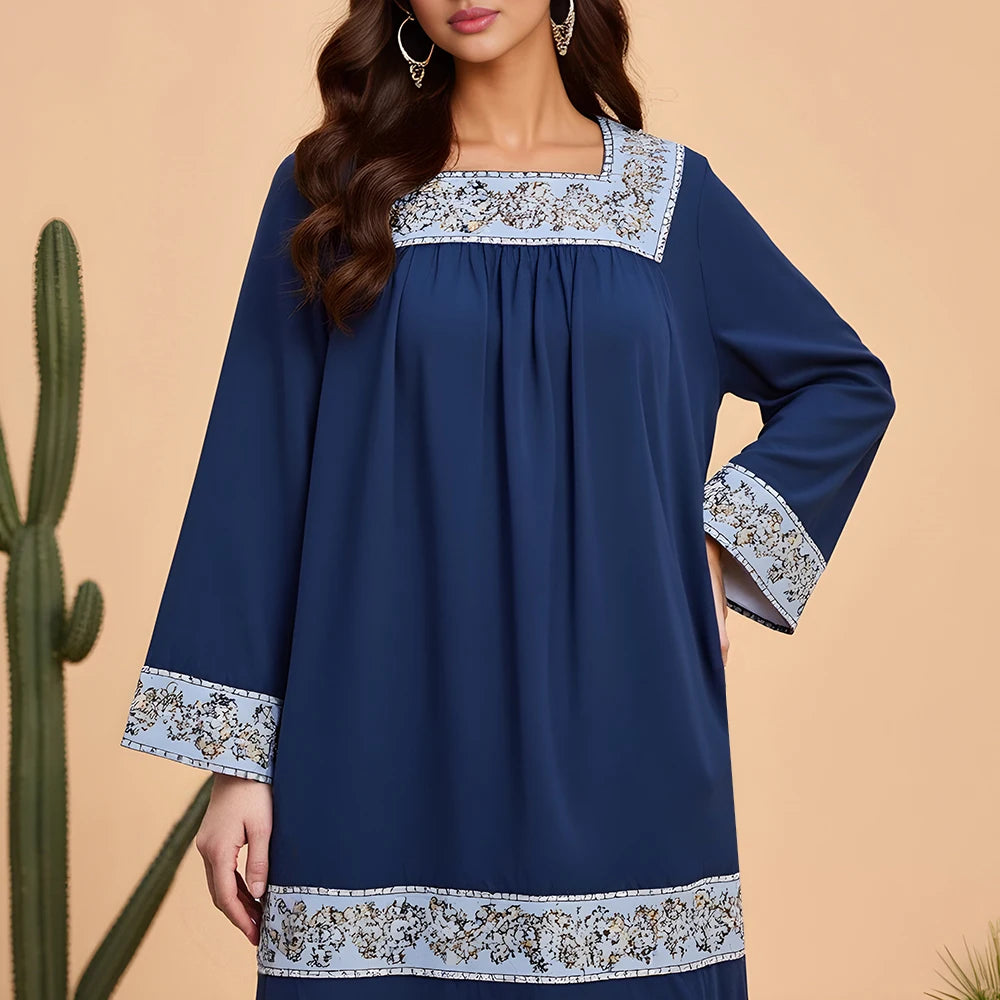 Rafiah Summer Long Arabian Dress 2025 Casual Daily Contrast Color Long Sleeve Square Neck Midi Loose Fit Dresses