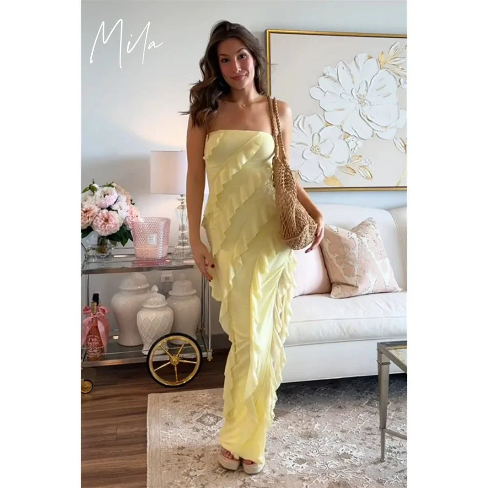 Mila Yellow Asymmetrical Customized Party Dresses Sexy Strapless Sleeveless Prom Dresses Zip Side High Split Evening Dresses