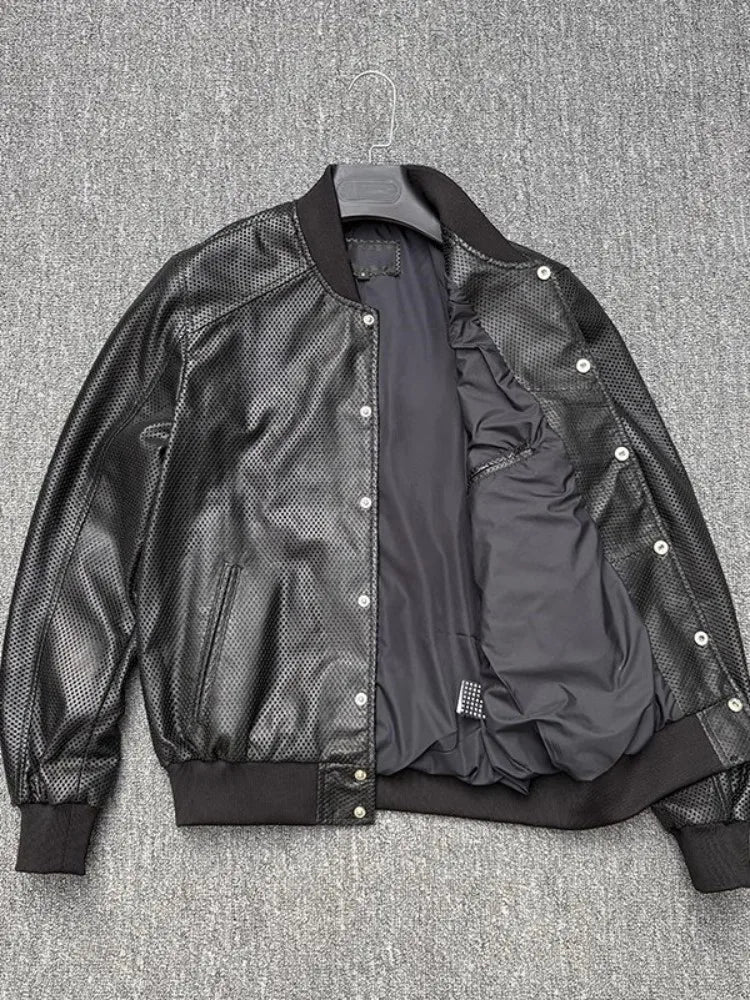 Spring Mens Genuine Leather Coat Breathable Single Breasted Stand Collar Loose Fit Bomber Jacket Real Sheepskin Casual Outerwear