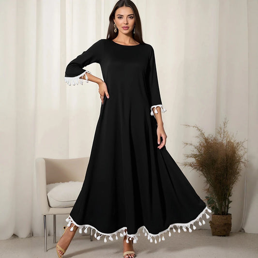 Rafiah Women's Dresses Summer Comfortable Elegant 2025 Tassel Hem Long Sleeve Round Neck A-Line Midi VacationLong Dress