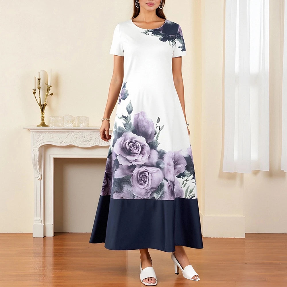 Rafiah Summer Women's Arabian Dress 2025 Traditional Elegant Patchwork Floral Print Short Sleeve Round-Neck Ruffle Hem Dresses