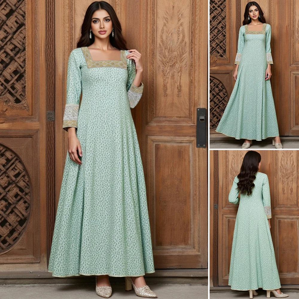 Rafiah Autumn Arabian Dress 2025 Women's Decent Full Print Long Sleeve Square Neck A-Line Daily Basic Midi Dress