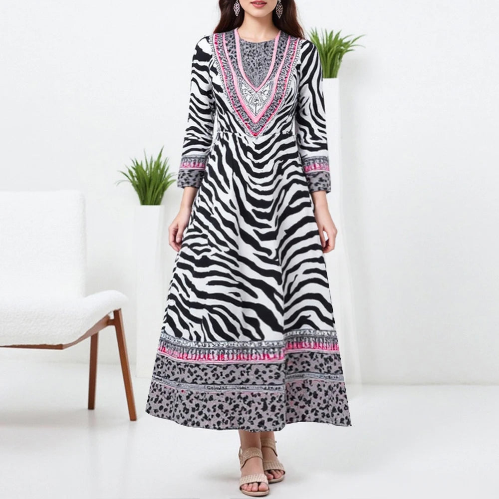 Rafiah Autumn Arabian Long Dress 2025 Fashion Mature Vibe Zebra-Stripe Long Sleeve V-Neck A-Line Dress For Women