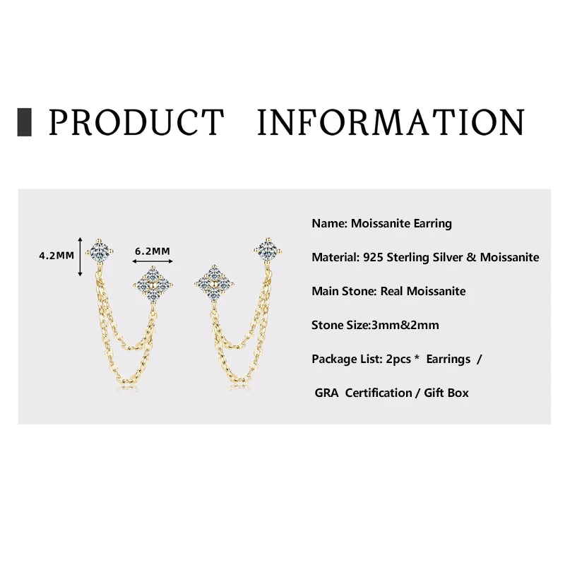 Lnngy 925 Sterling Silver Double Studs Chain Tassel Earrings GRA Certified 3mm&2mm Flower Moissanite Drop Earring For Women Gift