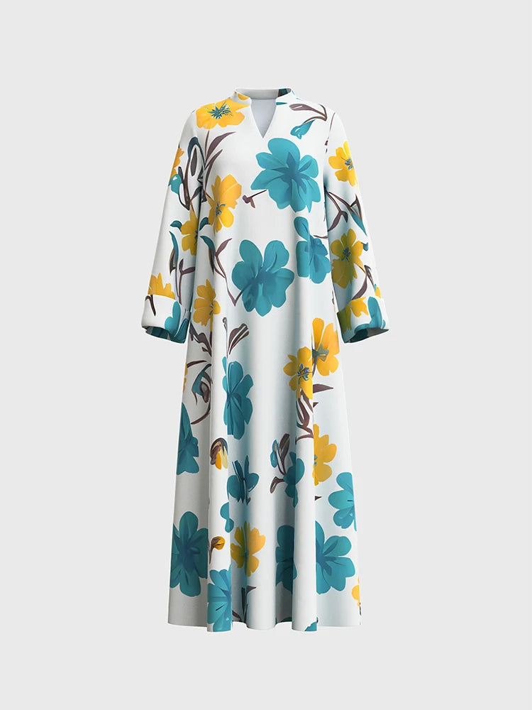 Rafiah Women's Summer Arabian Dress Retro Vintage Plant Printing Long Sleeve V-Neck Loose Fit Long Dresses Evening Dresses 2025