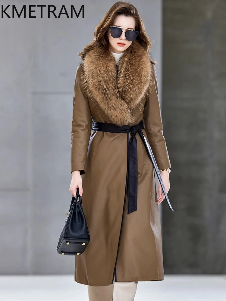 100% Sheepskin Puffer Jacket Women High Quality Long Down Coats Winter Raccoon Fur Collar Coat Womans Clothing Leren Donsjas