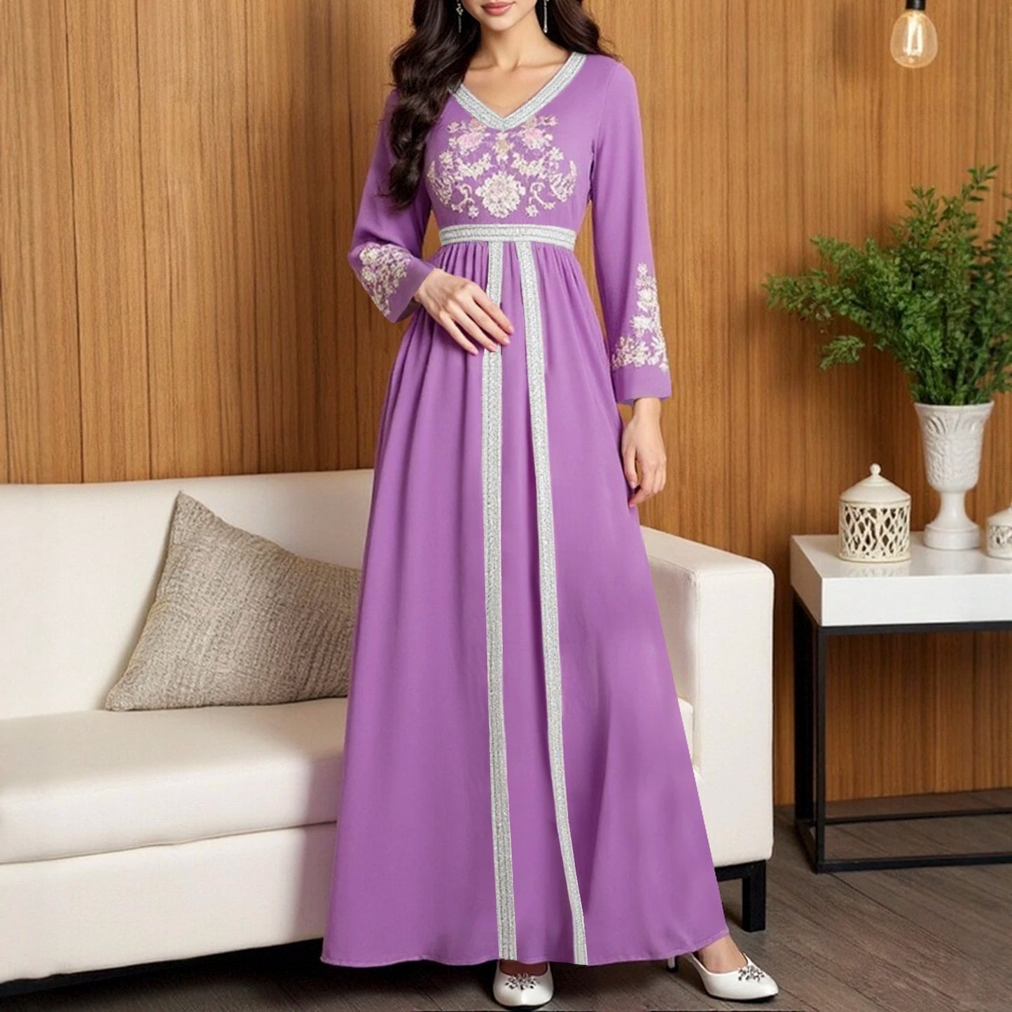 Rafiah Autumn Arabian Long Dress 2025 Casual Decent Patchwork Floral Long Sleeve V-Neck Maxi Dress For Women