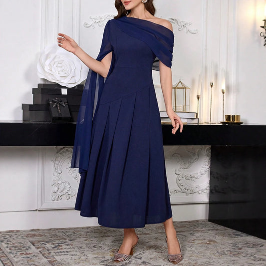Rafiah Dresses 2025 Woman K-FashionSolid Color Casual Long Monochrome Dress with Asymmetrical Shoulder for Women's Daily Wear