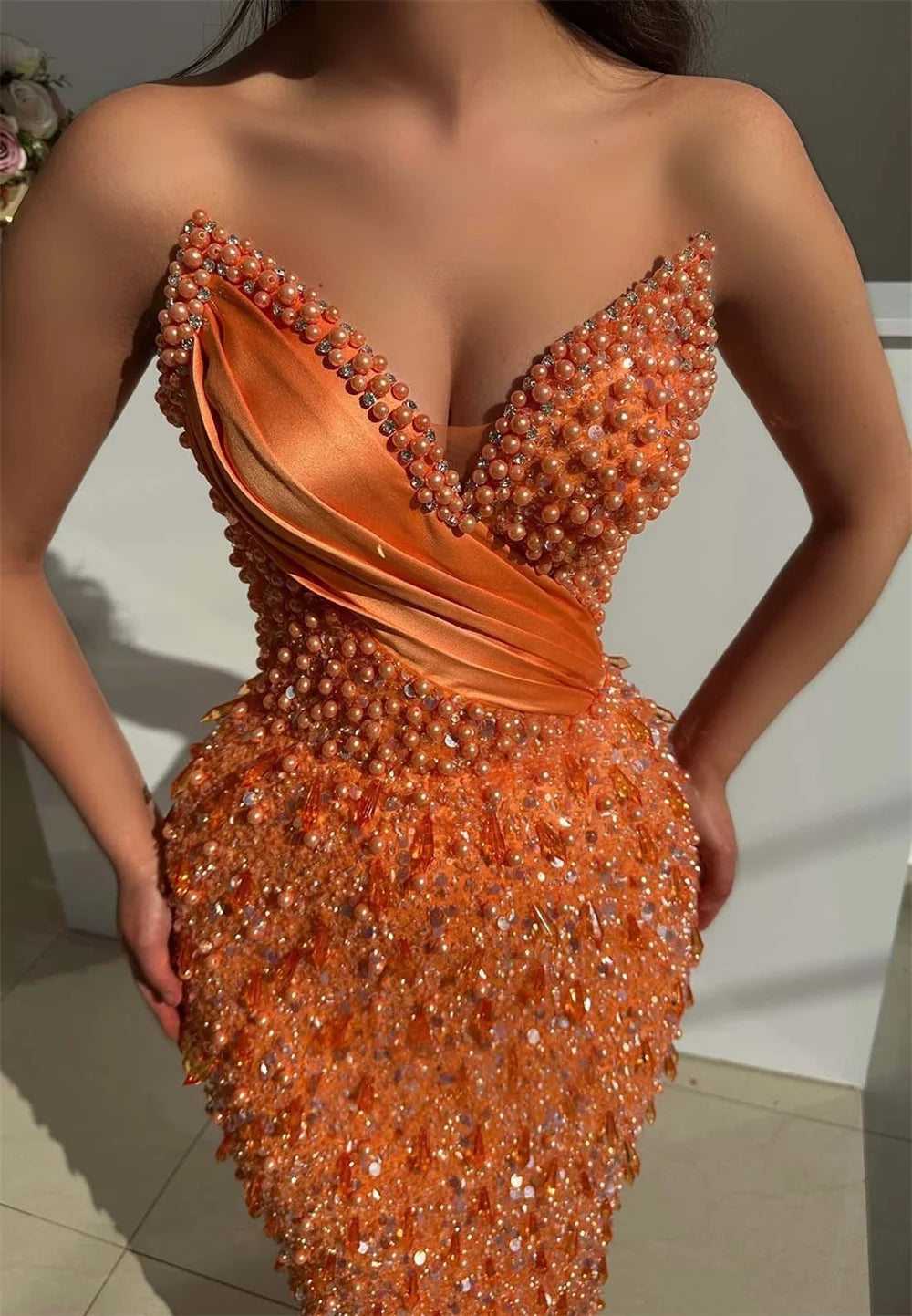 Mila Sweetheart Neck Customized Orange Evening Dresses Sleeveless Beaded Prom Dress 2025 Sexy Mermaid Wedding Party Formal Gowns