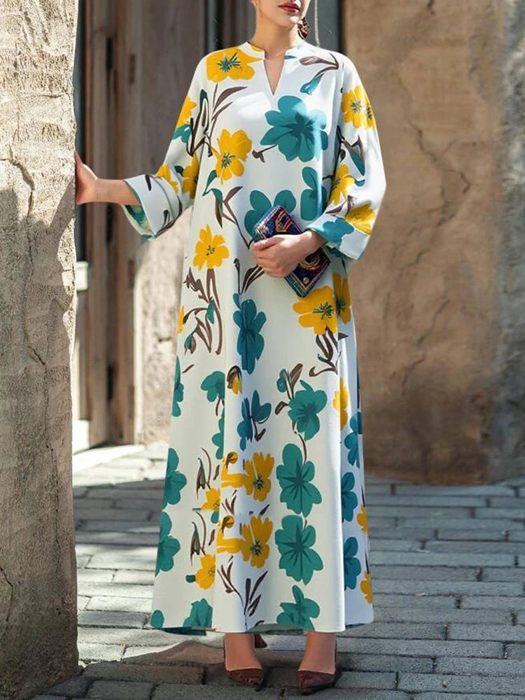 Rafiah Women's Summer Arabian Dress Retro Vintage Plant Printing Long Sleeve V-Neck Loose Fit Long Dresses Evening Dresses 2025
