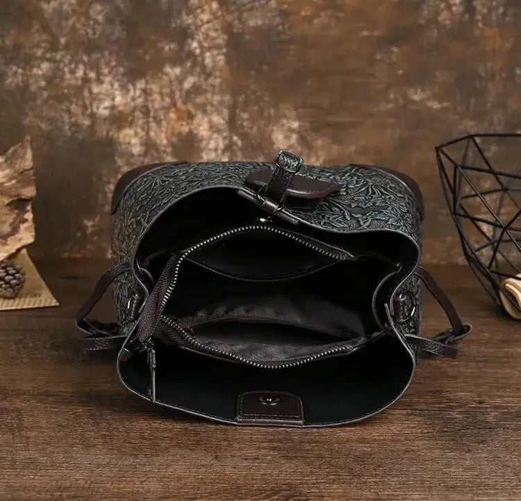 MOTAORA Retro Embossed Genuine Leather Women Shoulder Bucket Bag Luxury Cowhide Handbag Female New Large Capacity Crossbody Bags