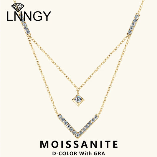 Lnngy Sparkling 3mm&1.8mm Round Moissanite Necklace 925 Sterling Silver Fashion V-Shape Necklaces for Women Fine Jewelry Gift