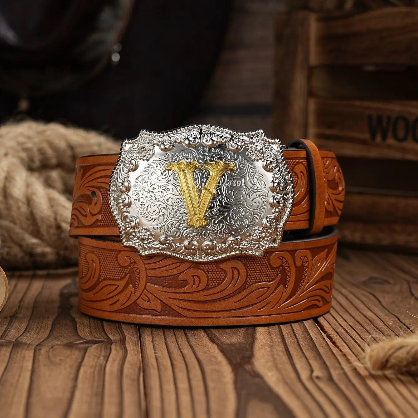 Western Cowboy PU Leather Belt - Men Waist Strap Bull Decoration Floral Engraved for Jeans