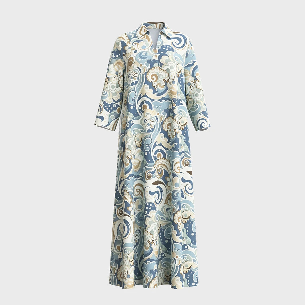 Plus Size Rafiah Women's Summer Arabian Dress 2025 Graphic Printing Long Sleeve Lapel A-Line Draped Long Dress