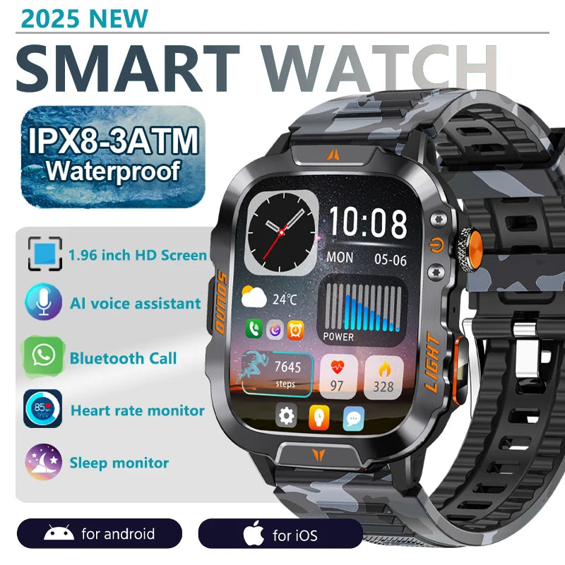 LIGE Military Smart Watch Men 1.96" Screen 3ATM Waterproof Bracelet Bluetooth Call AI Voice Sport Smartwatch With LED Flashlight