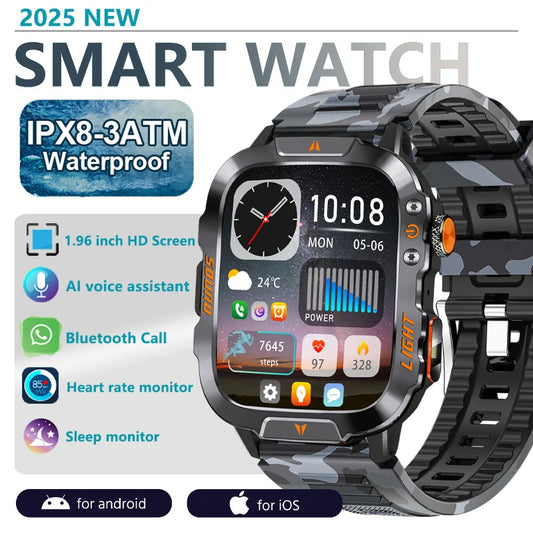 LIGE Military Smart Watch Men 1.96" Screen 3ATM Waterproof Bracelet Bluetooth Call AI Voice Sport Smartwatch With LED Flashlight