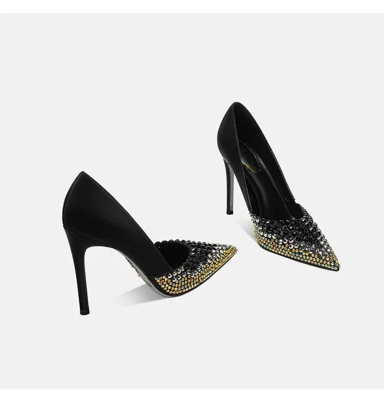 Black Rhinestone High Heels Women's New Summer Style  Socialite Small Stature Thin Heels  Pointed And Sexy Women's Shoes