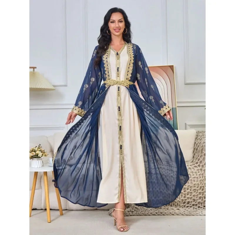 KAF Women Luxury Evening Party Dress 2 Piece Printed Embroidered Cardigan Long Jacket V-Neck Sleeveless Dress 2025 Spring New