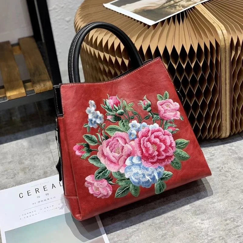 MOTAORA 2025 New Chinese Style Embroidered Women's Handbag Luxury PU Leather Shoulder Bag Embossed Crossbody Purse for Ladies