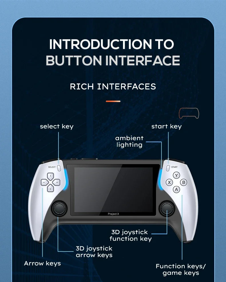 NEW Project X Portable Pocket Video Game Console 128G 4.3” IPS Screen Dual Speaker 40000+ Games For PS1 MAME CPS Children's Gift