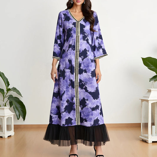 Rafiah Autumn Arabian Dress 2025 Women's Traditional Elegant Patchwork Full Print Long Sleeve V-Neck Gauze Long Dress