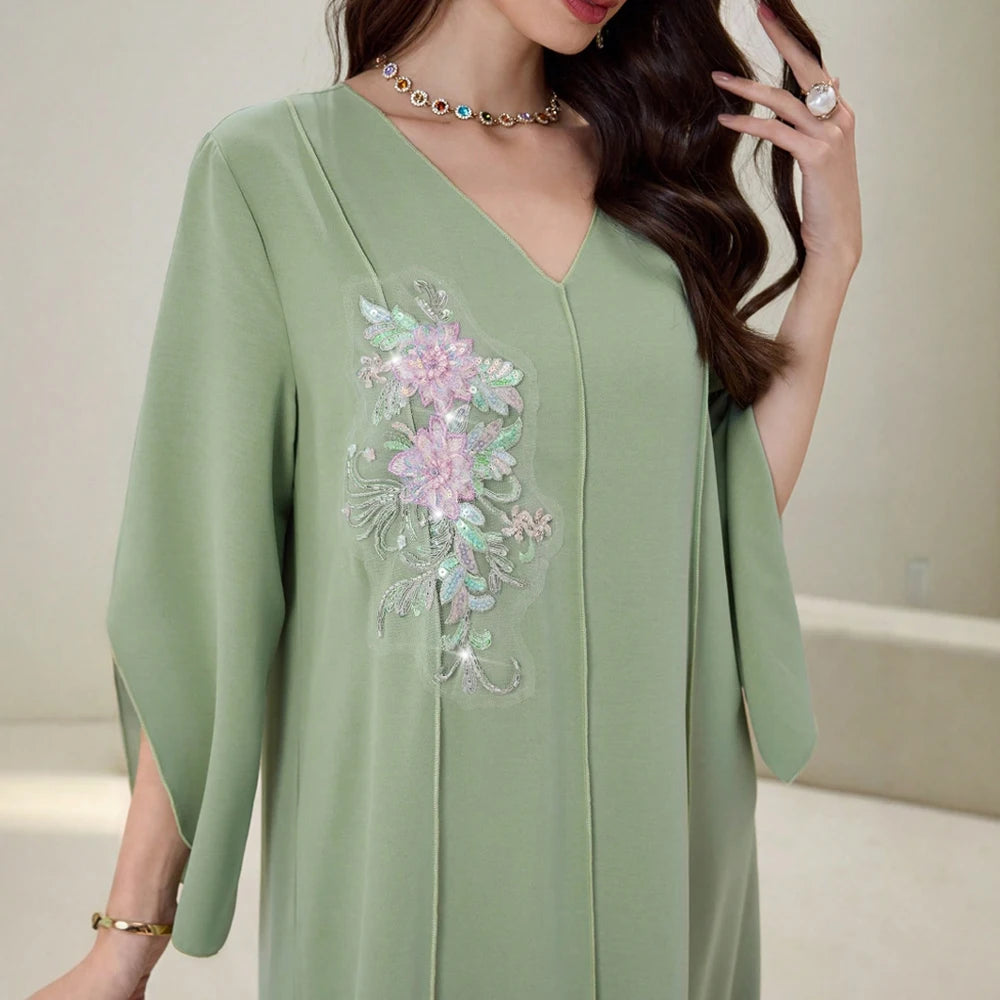 Rafiah Summer Dresses 2025 Women's Appliques Plain Draped Long Flare Sleeve V-Neck Loose Fit Basics Arabian Midi Dress