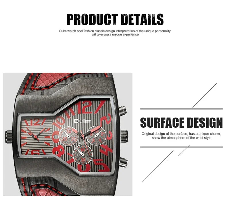 Oulm 1220 Luxury Brand Watch Retro Design Male Sport Wristwatch Leather Strap Watches Men's Two Time Zone Big Dial Quartz Clock