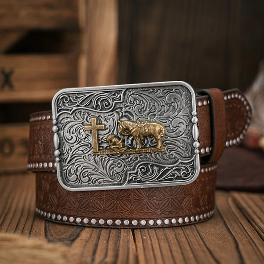 Men - Women - Western Denim - pu leather - Belt - Vintage jeans with needle buckle brown belt