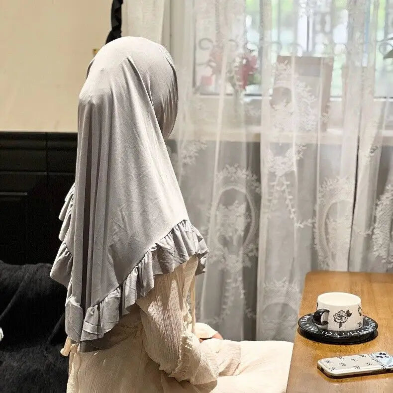 Muslim Hijab for Women Ruffle Turban Islamic Headwraps Arab Headband Big Khimar One Piece Scarf Shawl Solid Color