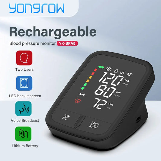 🩺 Yongrow Voice Portable Upper Arm Blood Pressure Monitor,LED Display | Rechargeable | Digital Tonometer | Voice Broadcast | Arm Sphygmomanometer