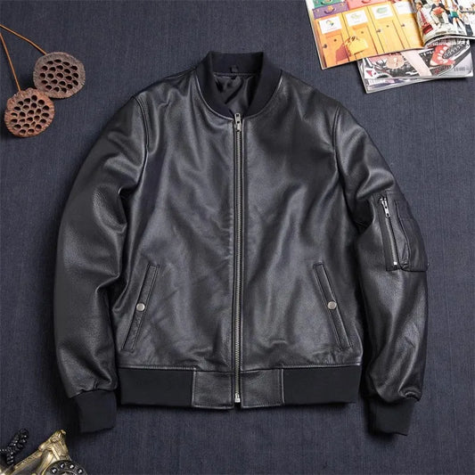 Men's Classic MA-1 Bomber Leather Jacket – Slim Fit Cowhide Air Force Style