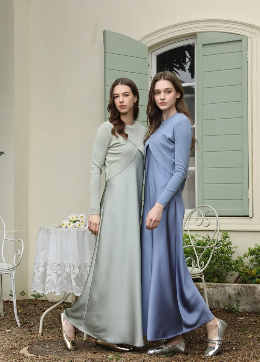 AS 2025 Spring/Summer Elegance Satin Maxi Dress & Knitted Top Set