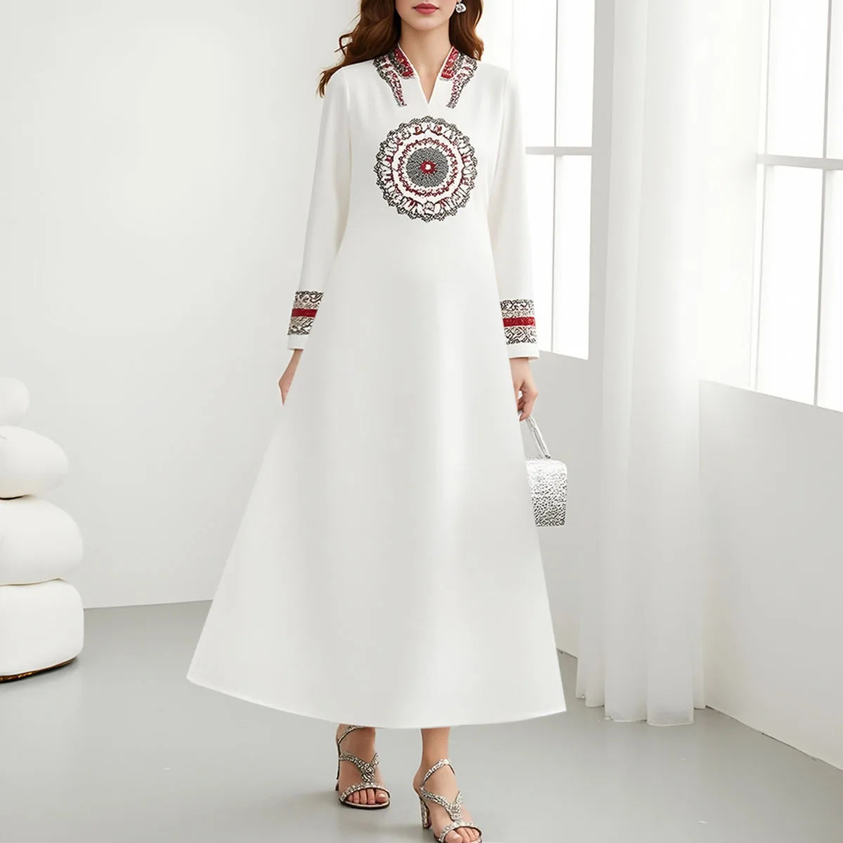Rafiah Autumn Dresses 2025 Women's Elegant Print Long Sleeve V-Neck A-Line Dating Long Arabian Dresses