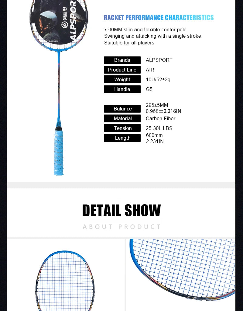 Alpsport AIR 10U Badminton Racket 52g Ultralight, HM Carbon Fiber & Titanium, 28lbs Fast Rebound for Pro Players