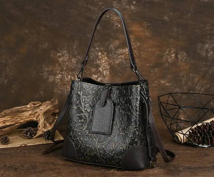 MOTAORA Retro Embossed Genuine Leather Women Shoulder Bucket Bag Luxury Cowhide Handbag Female New Large Capacity Crossbody Bags