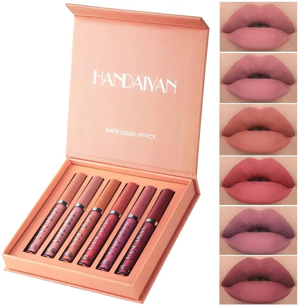 HANDAIYAN 6 Shade Lipstick Set Matte Finish Liquid Lip Gloss Waterproof Long Lasting No Smudge Vegan Beauty