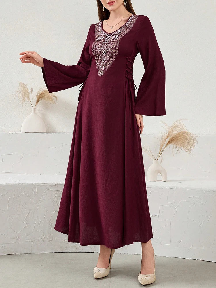 Rafiah Ramadan Emirati Lace-Up Long Sleeve Elegant Dress Crystal and Sequin Embellishments in Sober Burgundy for Women