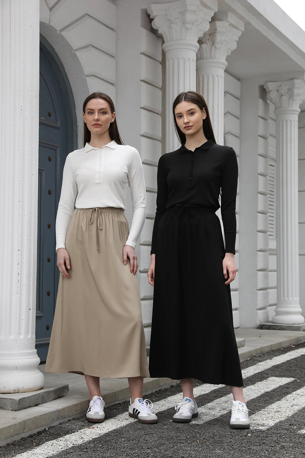 AP 2025 Spring/Summer Women Turn-Down Collar Tee & Cotton Blend Skirt Set