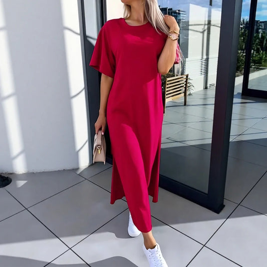 Rafiah Summer Dresses 2025 Women's Casual Solid Color Short Sleeve Crew Neck Daily Basic A-Line Long Arabian Dresses