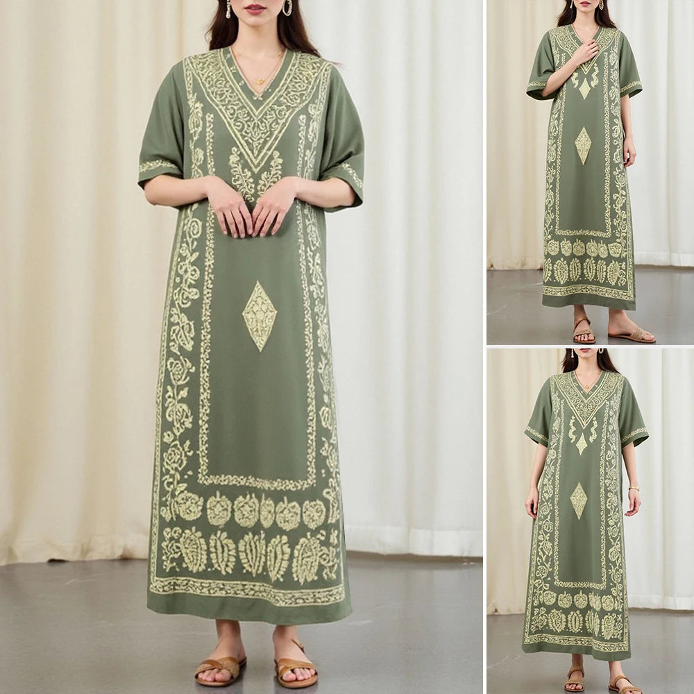 Rafiah Autumn Arabian Long Dress 2025 Classic Modest Graphic Printing Short Sleeve V-Neck Loose Fit Dress For Women